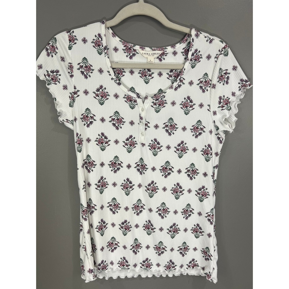 Laura Ashley Henley Top Womens L White Great Floral Ribbed Lettuce Trim 1997-51